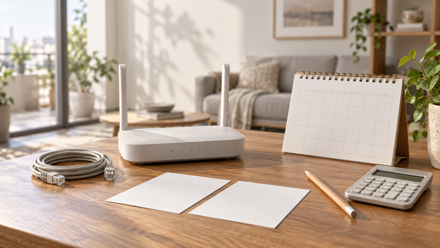 Unbranded home Wi-Fi router, cable, blank plan cards, calendar, pencil, and calculator on a sunlit desk