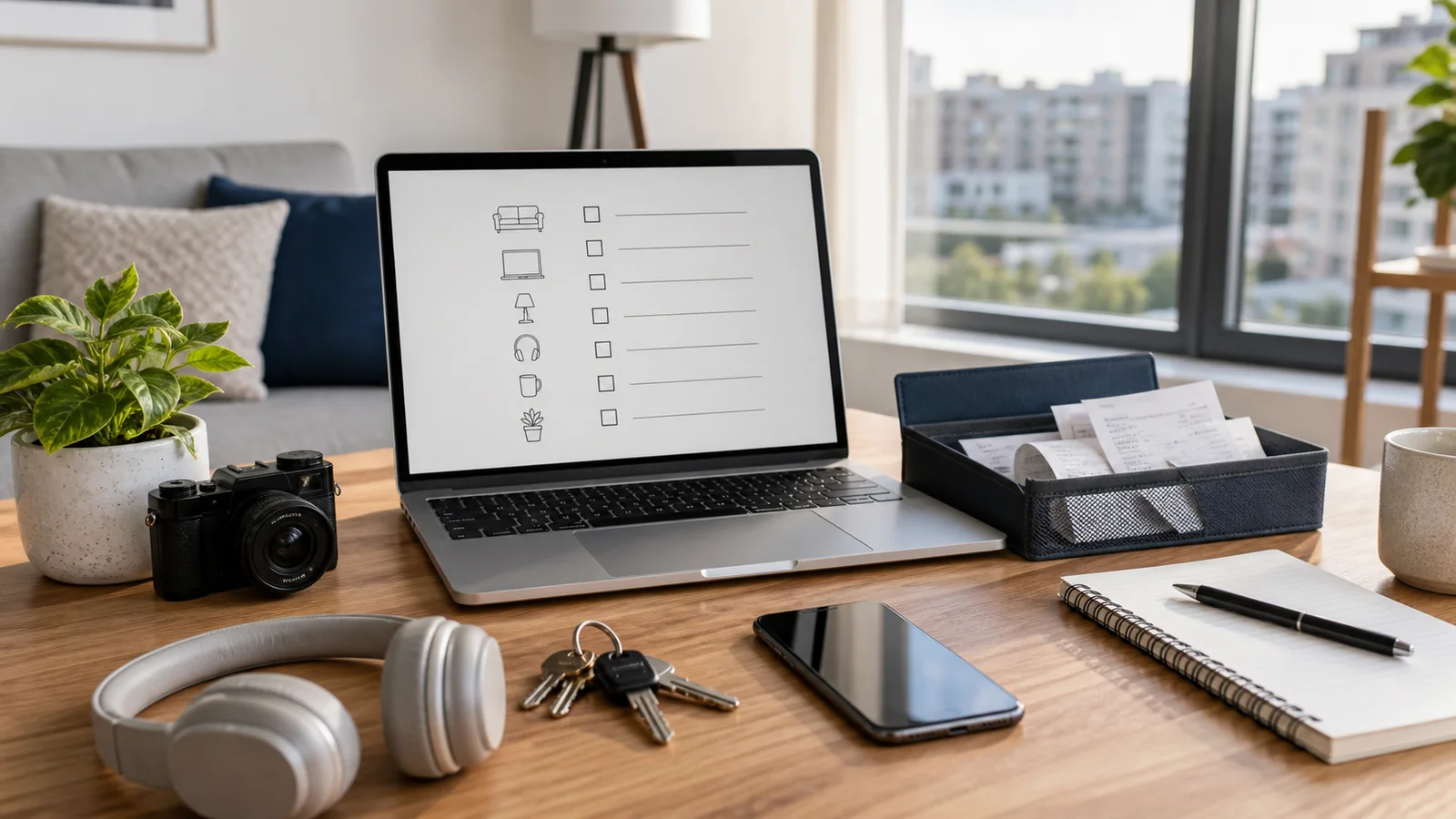 Apartment desk with a laptop checklist, phone camera, receipts, keys, headphones, plant, and notebook