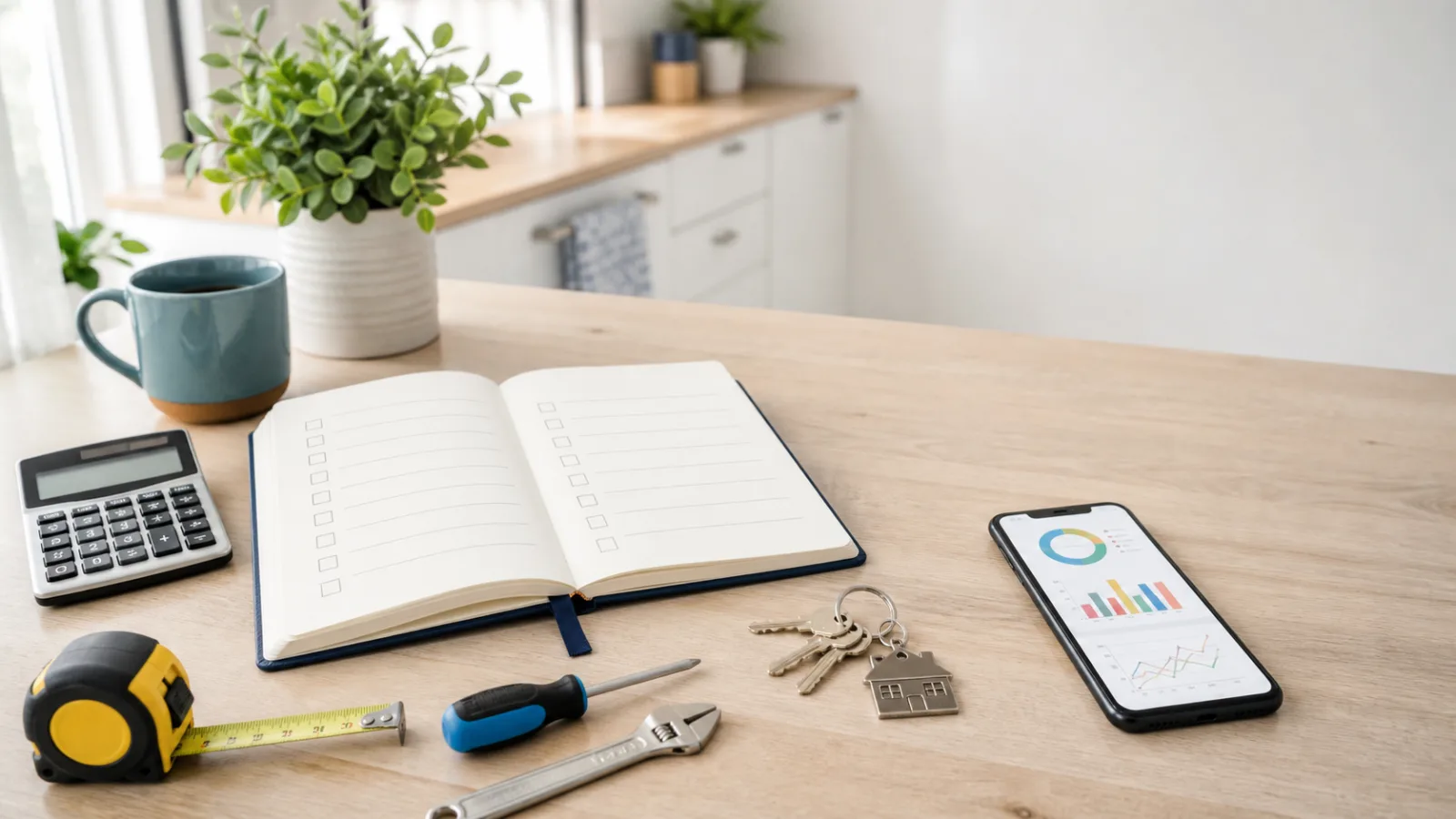 Notebook, calculator, keys, measuring tape, and small household tools arranged on a bright desk for planning home maintenance costs