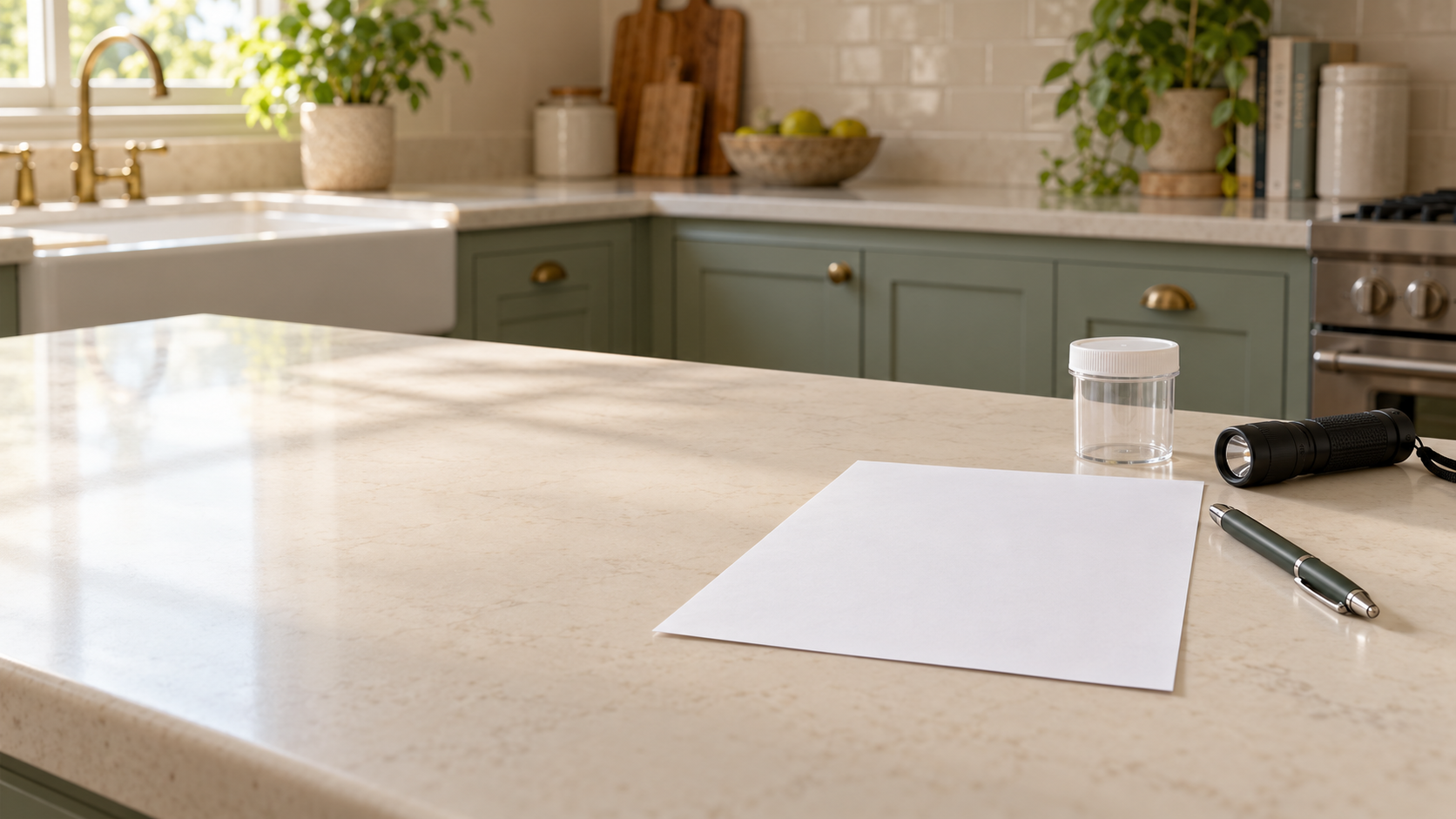 Blank estimate sheet and pen beside a flashlight on a sunlit kitchen counter