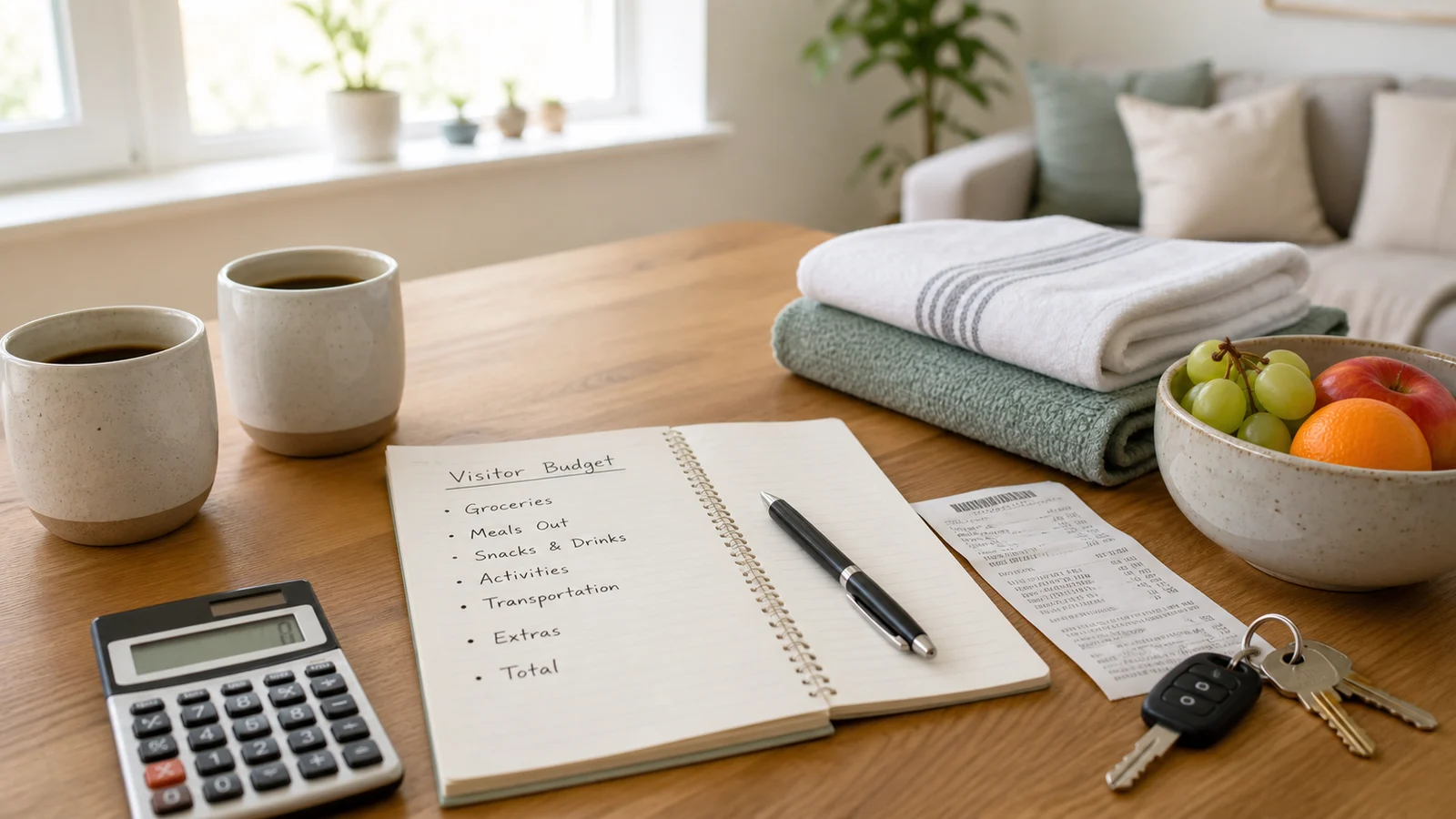 Open notebook with visitor budget notes, calculator, grocery receipt, coffee mugs, keys, fruit, and folded guest towels on a bright kitchen table