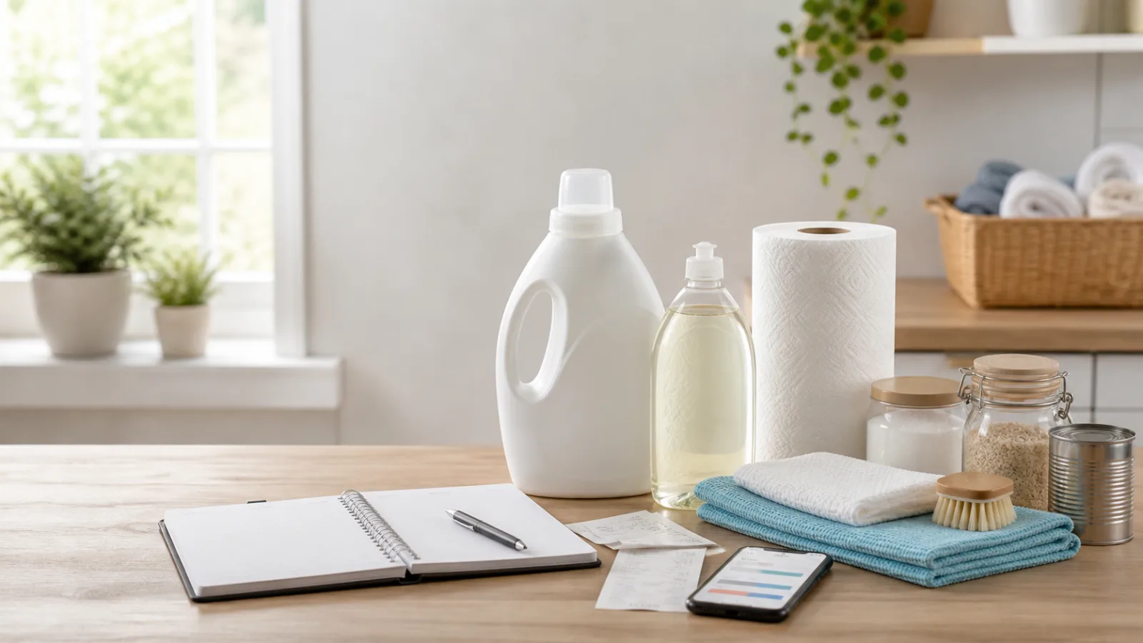 Household supplies, receipts, pen, phone, and budget notebook arranged on a bright kitchen counter