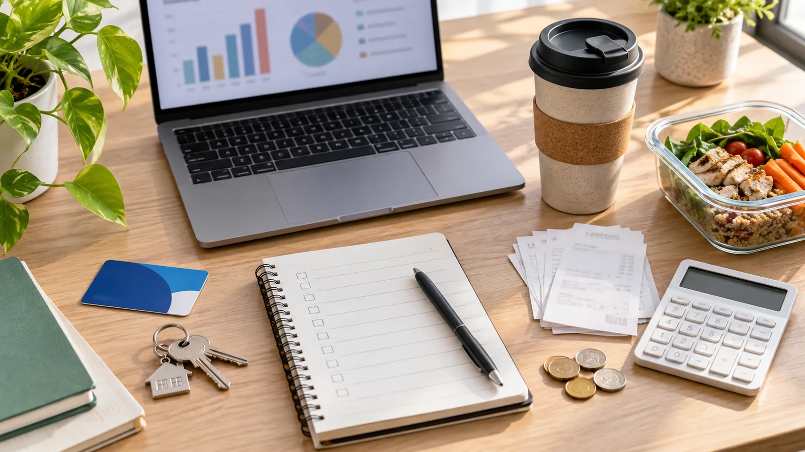 Desk with a laptop budget chart, transit card, keys, lunch container, receipts, calculator, coins, and checklist notebook for planning hybrid work costs