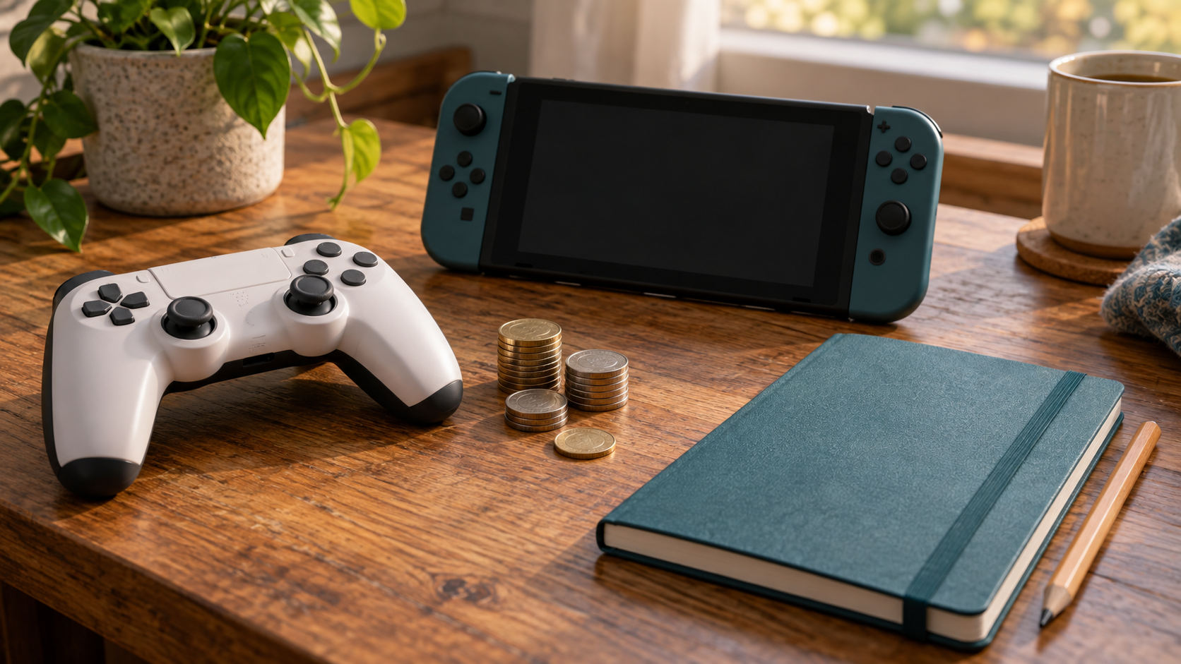 Unbranded game controller and handheld console beside coins, a blank budget notebook, and a pencil on a sunlit desk