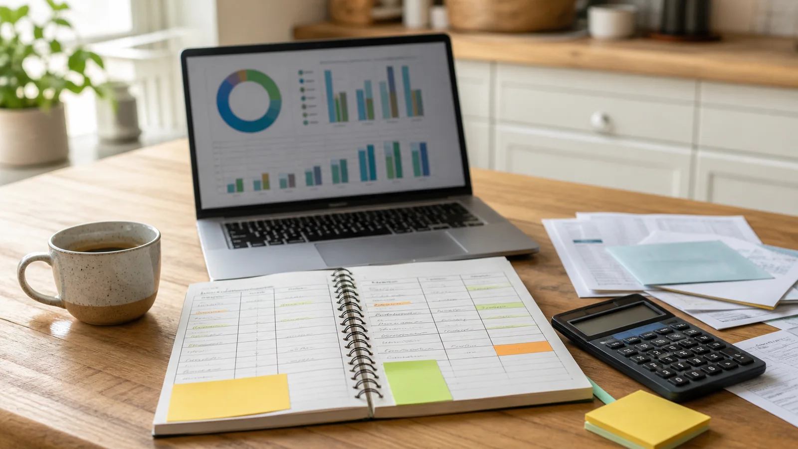 Notebook budget, calculator, bills, and laptop charts on a kitchen table during an income review