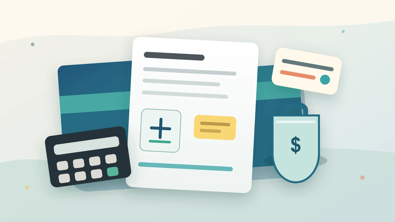 Desk scene with an insurance folder, repair estimate, emergency savings jar, and calculator