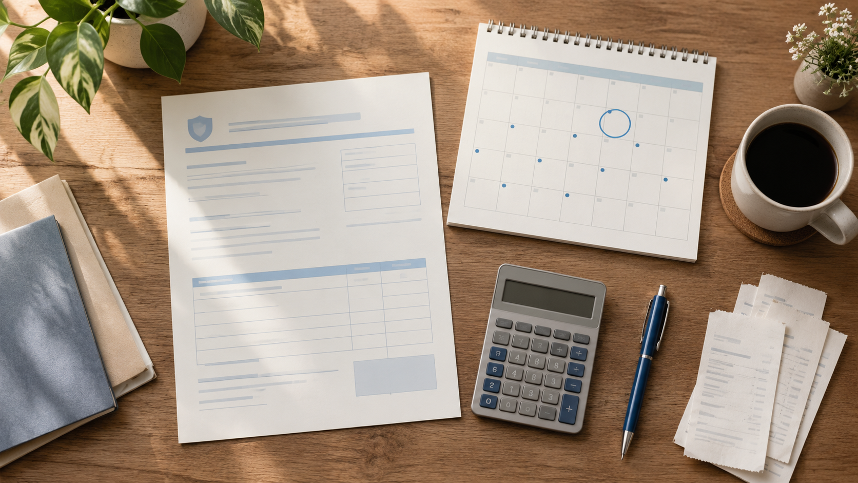 Paper insurance bill beside a calendar with one annual date and a row of monthly dates, calculator, and pen on a desk