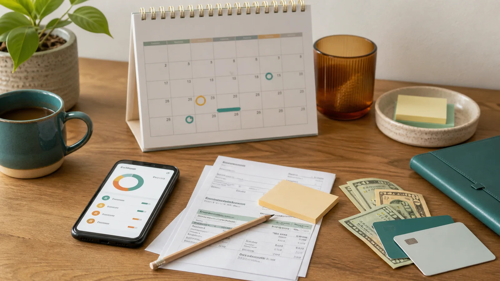 Calendar, bills, phone, cash, and payment cards arranged on a desk for an insurance renewal review