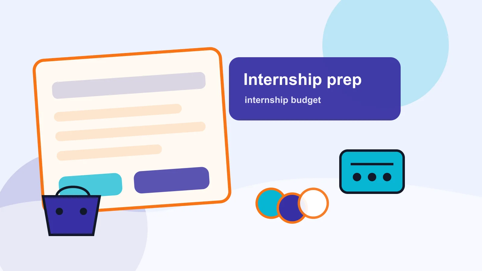 Internship offer letter, transit pass, lunch container, notebook, work badge, and budget calculator