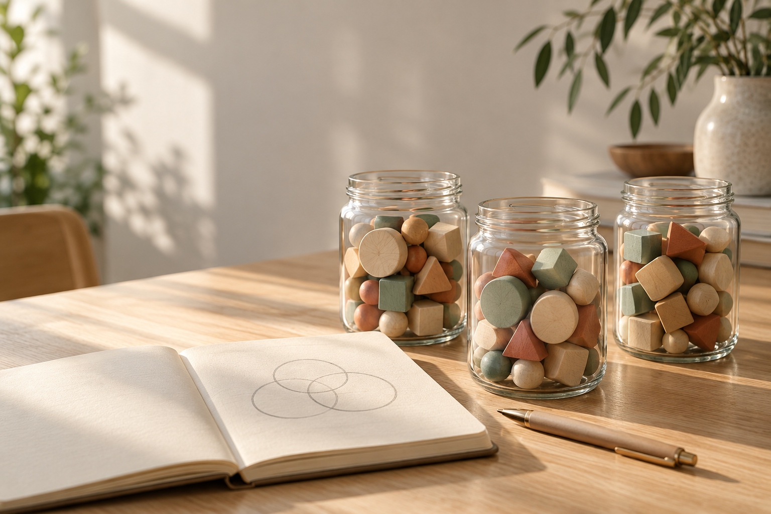 Three glass jars of wooden tokens beside a notebook with overlapping pencil circles on a sunlit desk