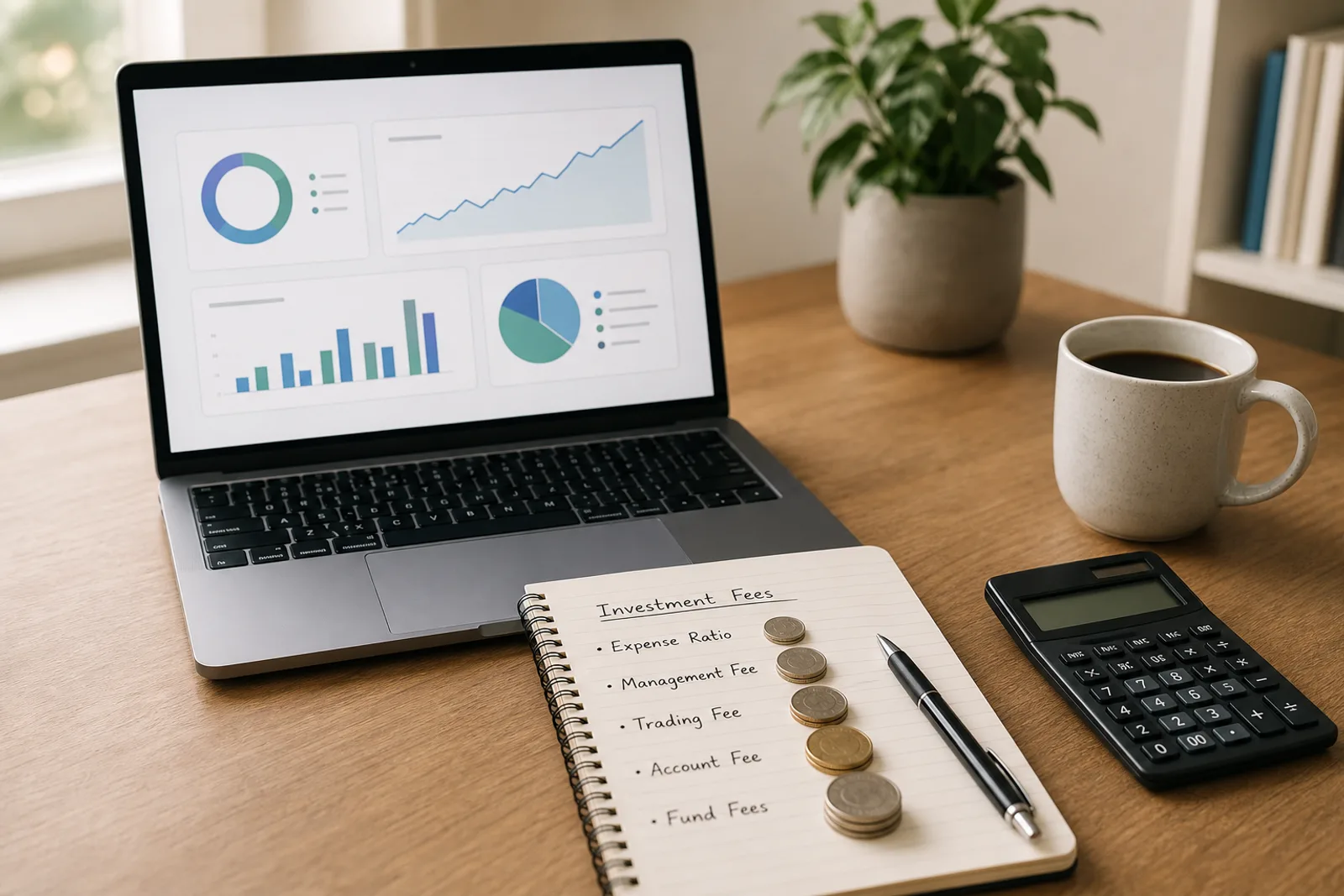 Laptop with a simple investing dashboard beside a notebook, calculator, coffee cup, and coins on a bright desk