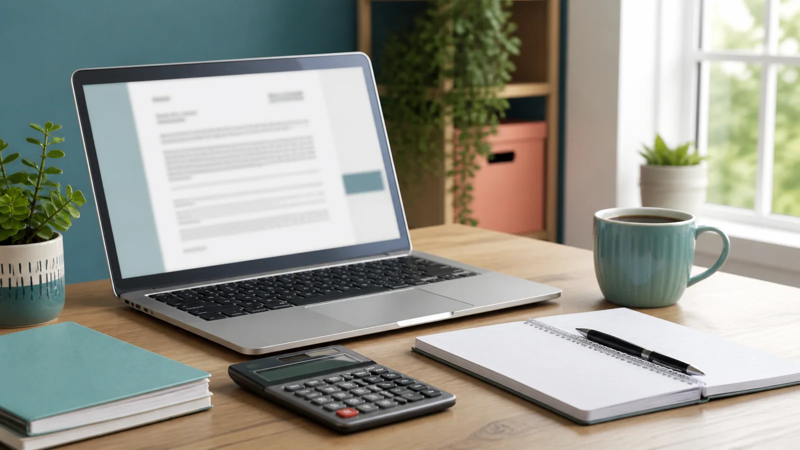 Laptop with an unreadable job offer document, calculator, notebook, pen, and coffee on a bright desk