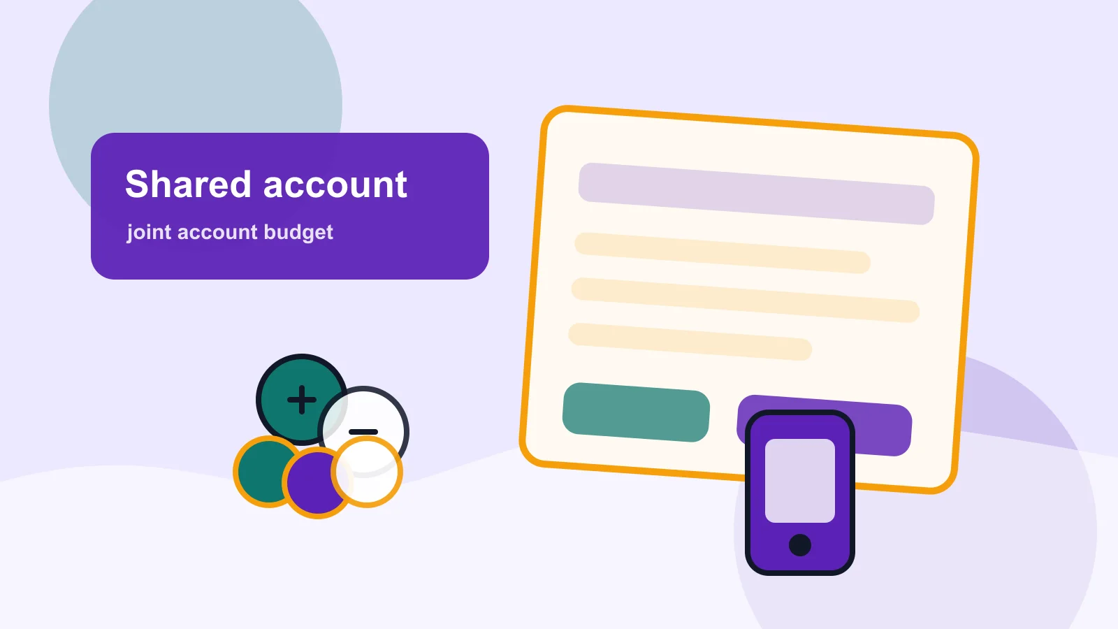 Two bank cards beside a shared bills checklist, rent note, groceries icon, and personal spending envelopes