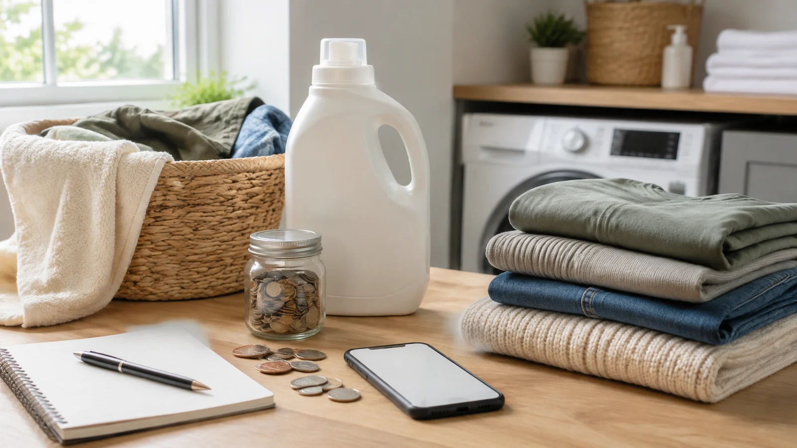Folded clothes, laundry basket, detergent, coins, and a budget notebook in a bright apartment laundry area
