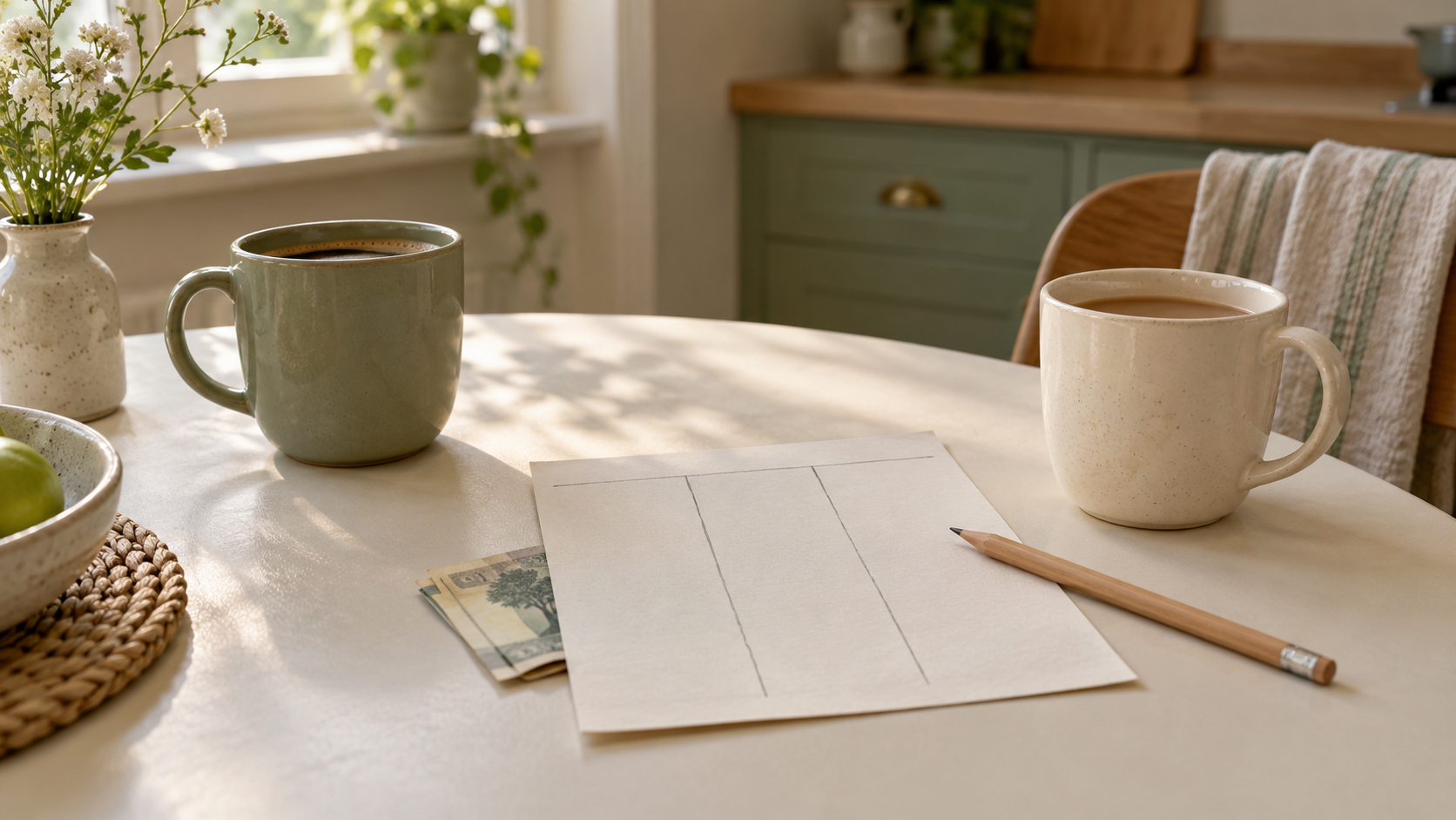 Two ceramic mugs beside a blank budget worksheet, pencil, and folded banknote on a sunlit table