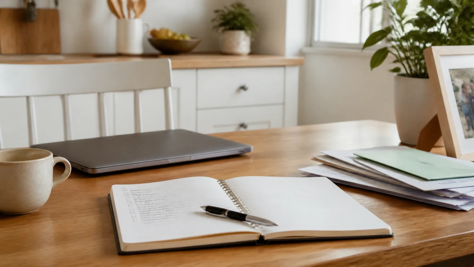Notebook, pen, laptop, household documents, and a family photo on a bright kitchen table