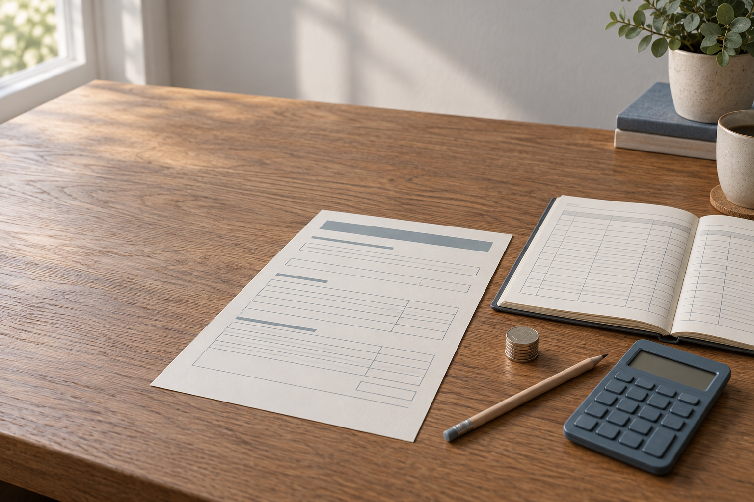 Unbranded loan paperwork beside a calculator, pencil, and small stack of coins on a wooden desk