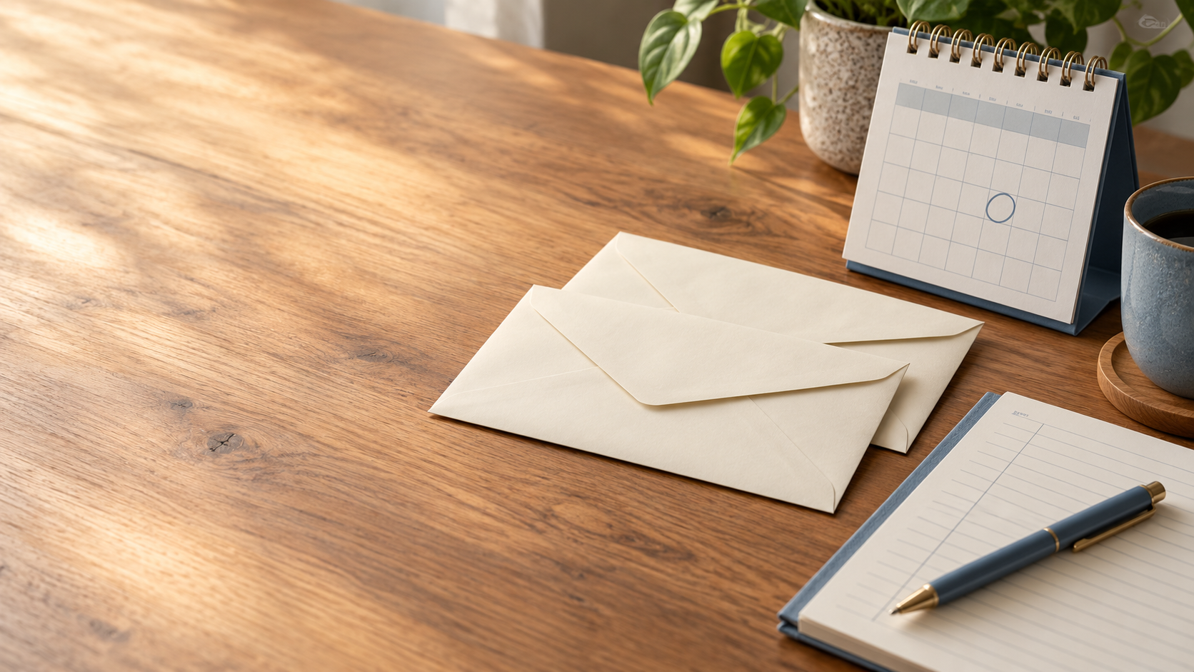 Two unbranded loan correspondence envelopes beside a calendar, payment ledger, and pen on a softly lit desk
