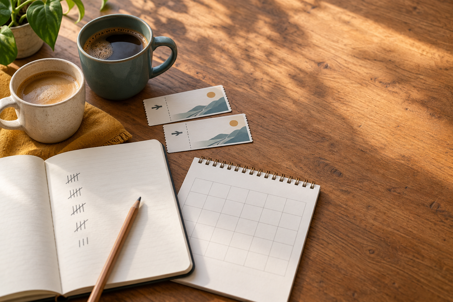Two illustrated travel tickets, a blank calendar, a notebook, and two coffee cups on a wooden table