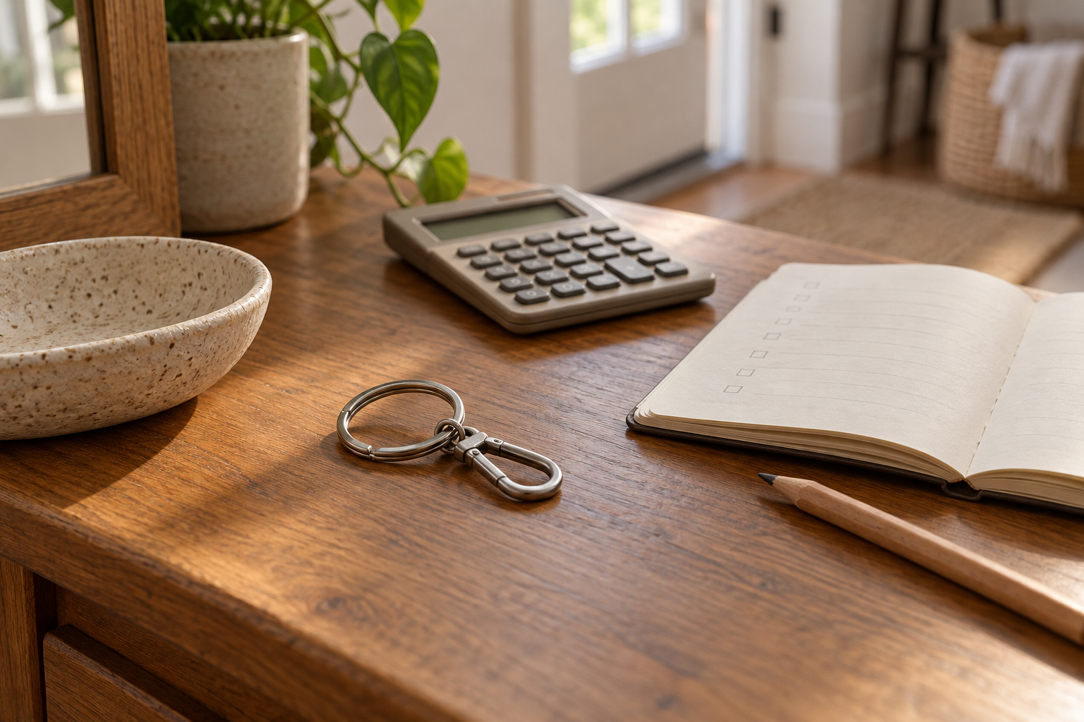 Keyring on an entryway table beside a notebook checklist, pencil, and calculator