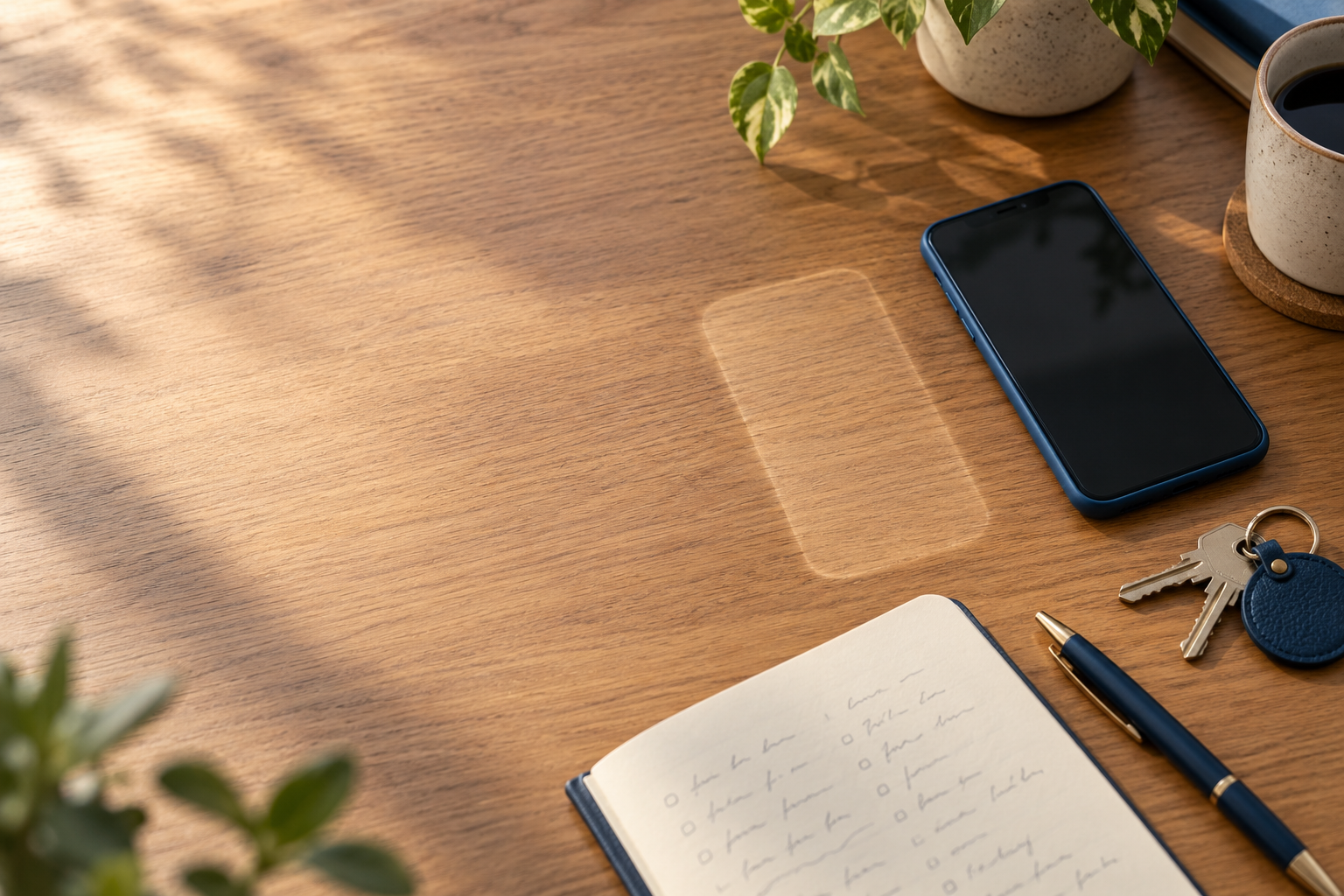 Unbranded phone, open notebook with faint budget marks, pen, and keys on a sunlit wooden desk