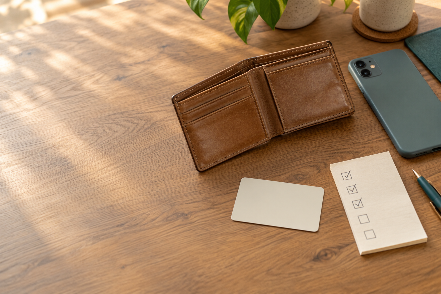 Empty brown wallet, blank payment card, phone, and paper checklist with ticked boxes on a wooden desk