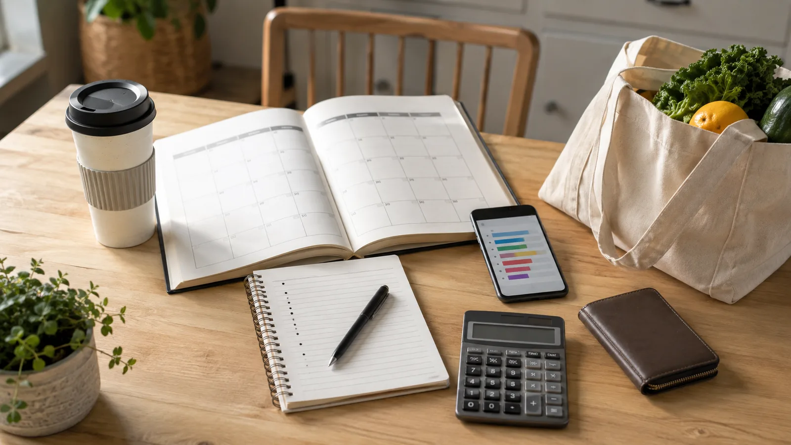 Calendar, notebook, calculator, wallet, phone spending chart, coffee cup, and grocery tote arranged on a bright kitchen table