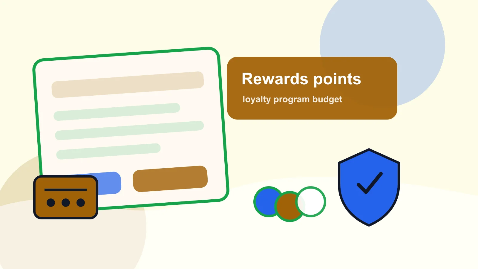 Loyalty points card, coupon notes, shopping list, phone rewards screen, and budget limit on a desk