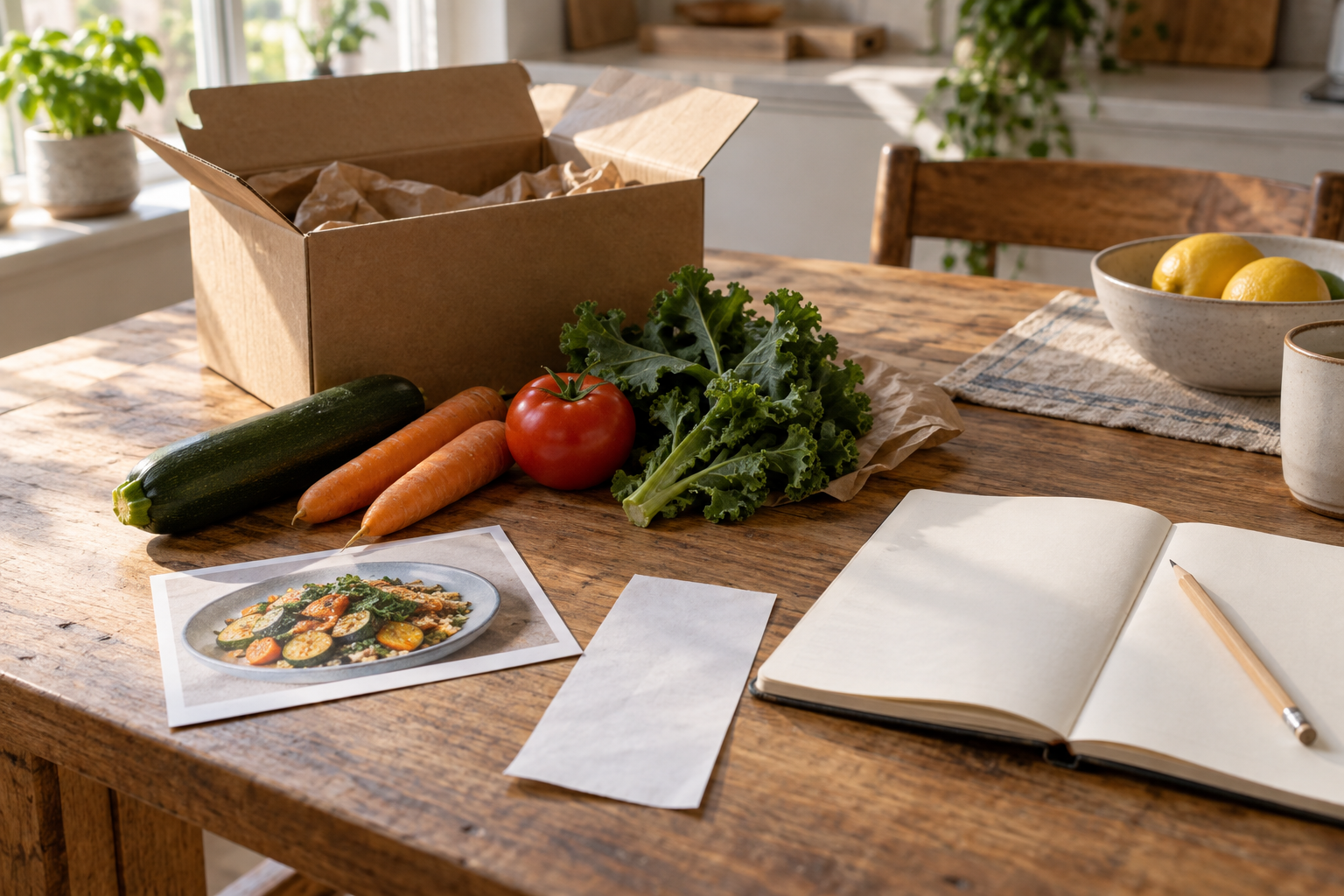 Unpacked meal kit vegetables and an unmarked recipe card beside a pencil and notebook on a kitchen table