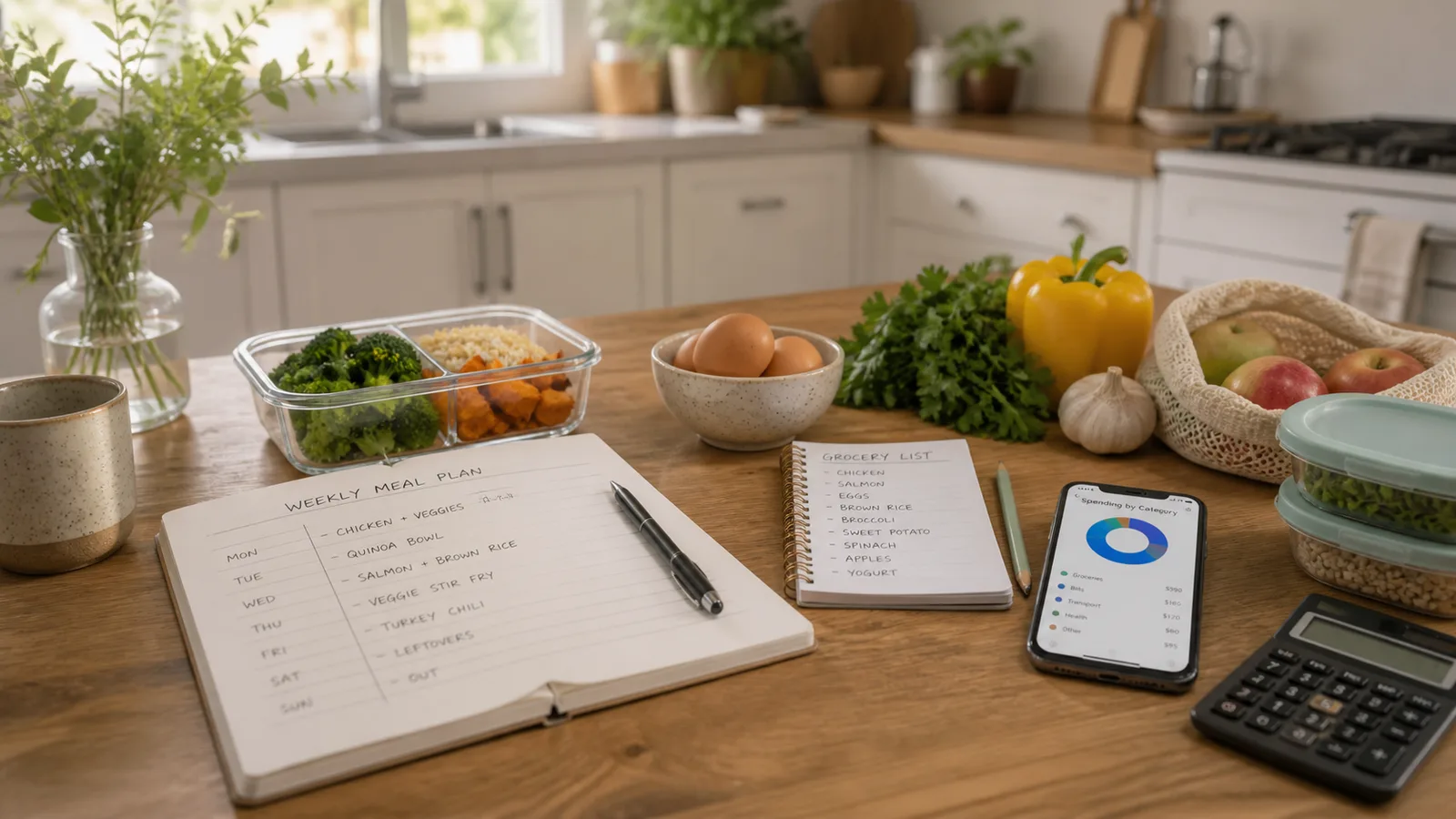 Kitchen table with a weekly meal plan, grocery list, fresh ingredients, reusable containers, calculator, and spending app
