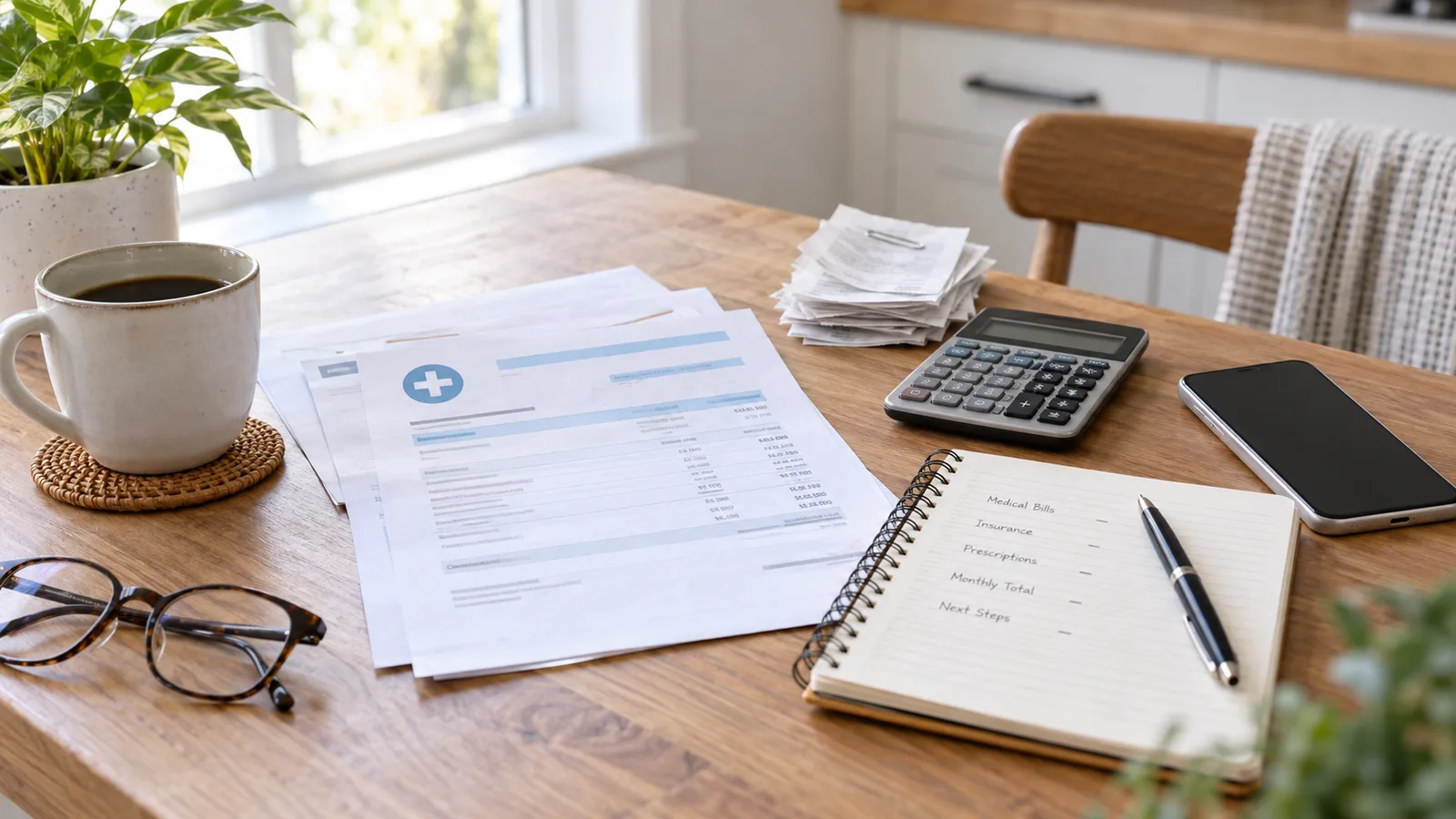 Medical bill statement, calculator, phone, glasses, receipts, and notebook for planning healthcare payments on a bright wooden table
