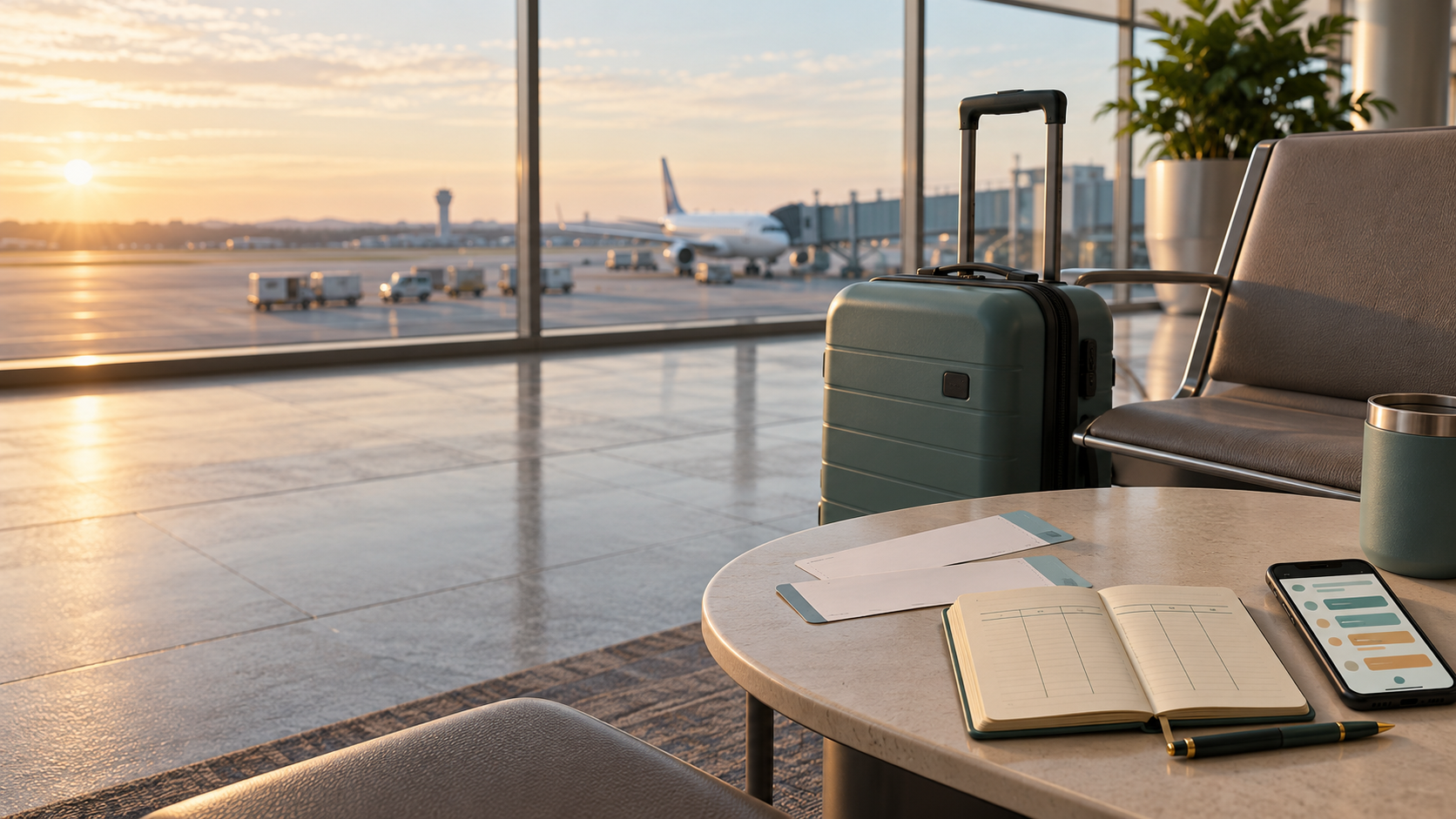 Carry-on suitcase, blank boarding passes, phone, and open budget notebook in a quiet airport waiting area
