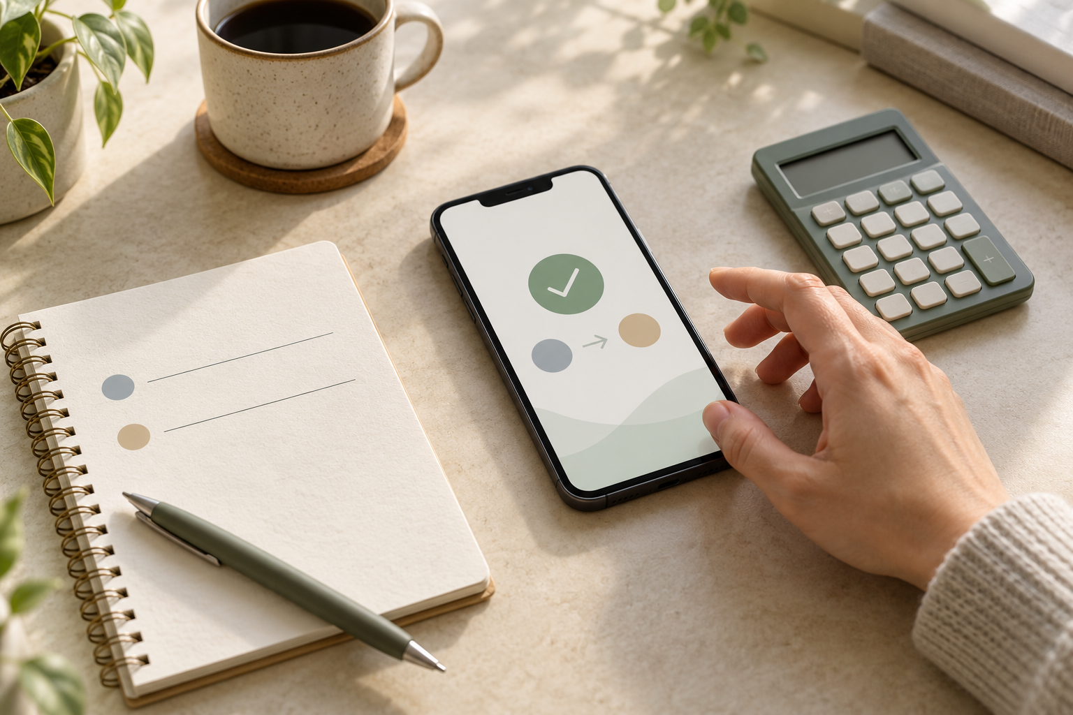 Hand above an unbranded payment screen beside a notebook with blank account rows, a pen, and calculator on a softly lit desk