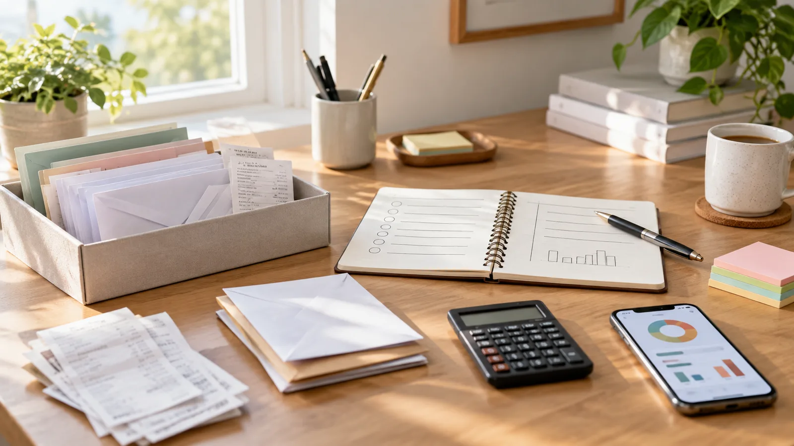 Desk with envelopes, receipts, notebook, calculator, and phone chart arranged for a money inbox routine