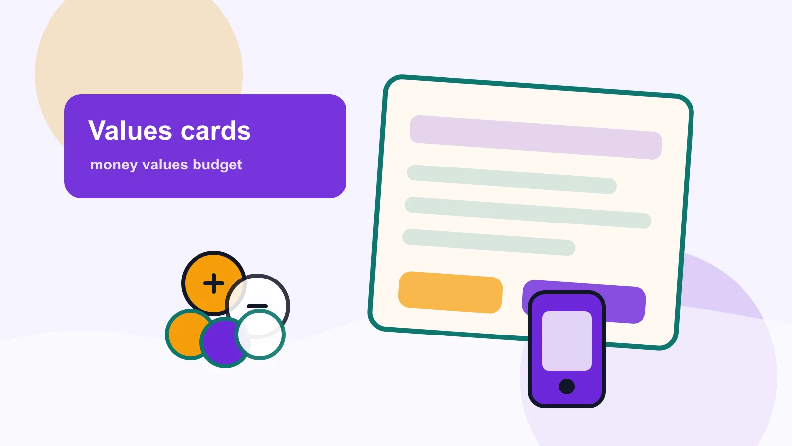Values cards labeled health, family, freedom, learning, and rest beside a simple budget notebook