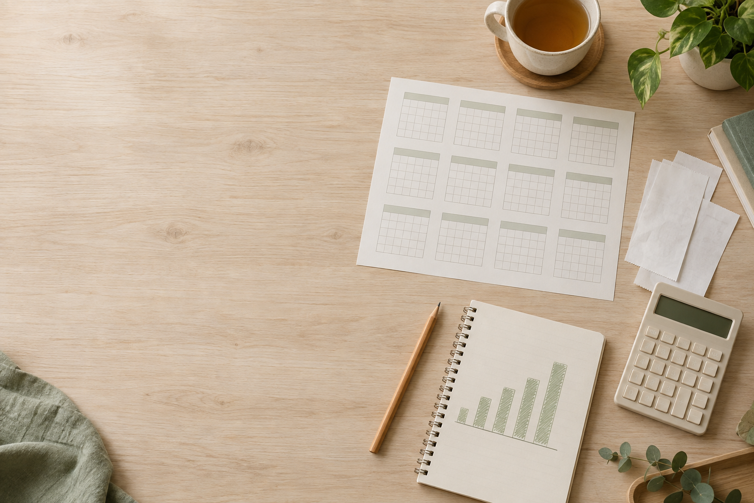 Twelve-month paper calendar, notebook with expense category sketches, receipts, pencil, and calculator on a sunlit desk
