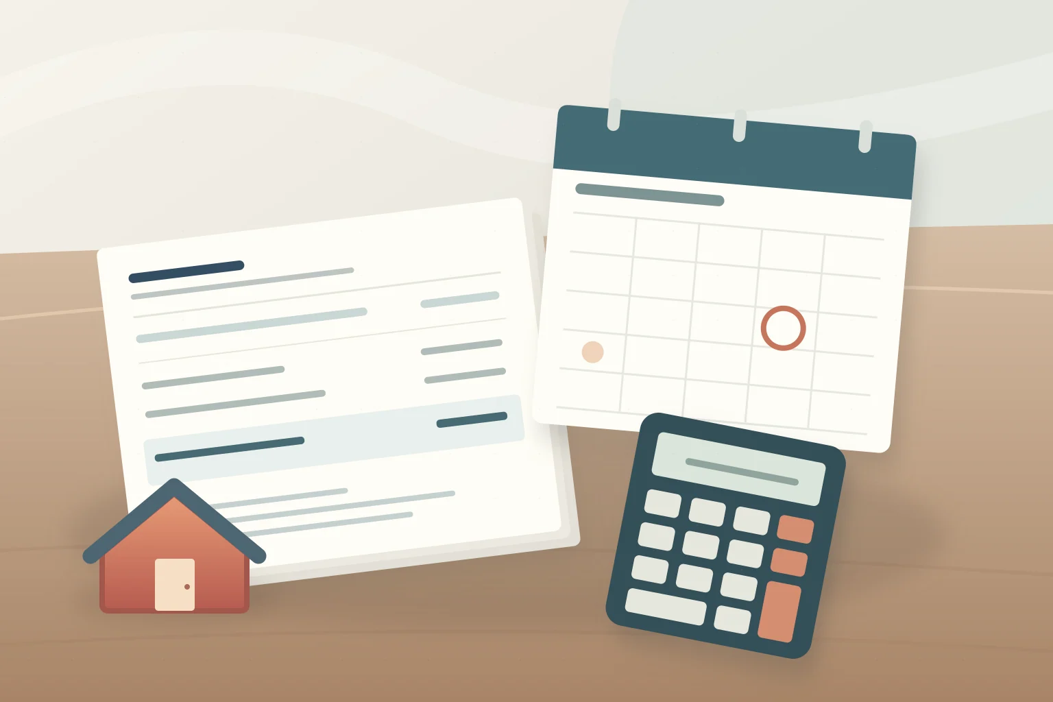 Illustration of a mortgage statement, marked calendar, calculator, and small house on a warm-toned desk