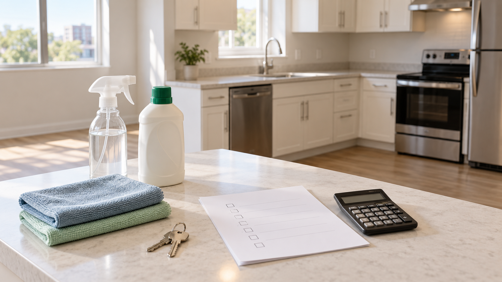 Cleaning supplies, an unbranded checklist, apartment keys, and a calculator on a bright empty apartment countertop