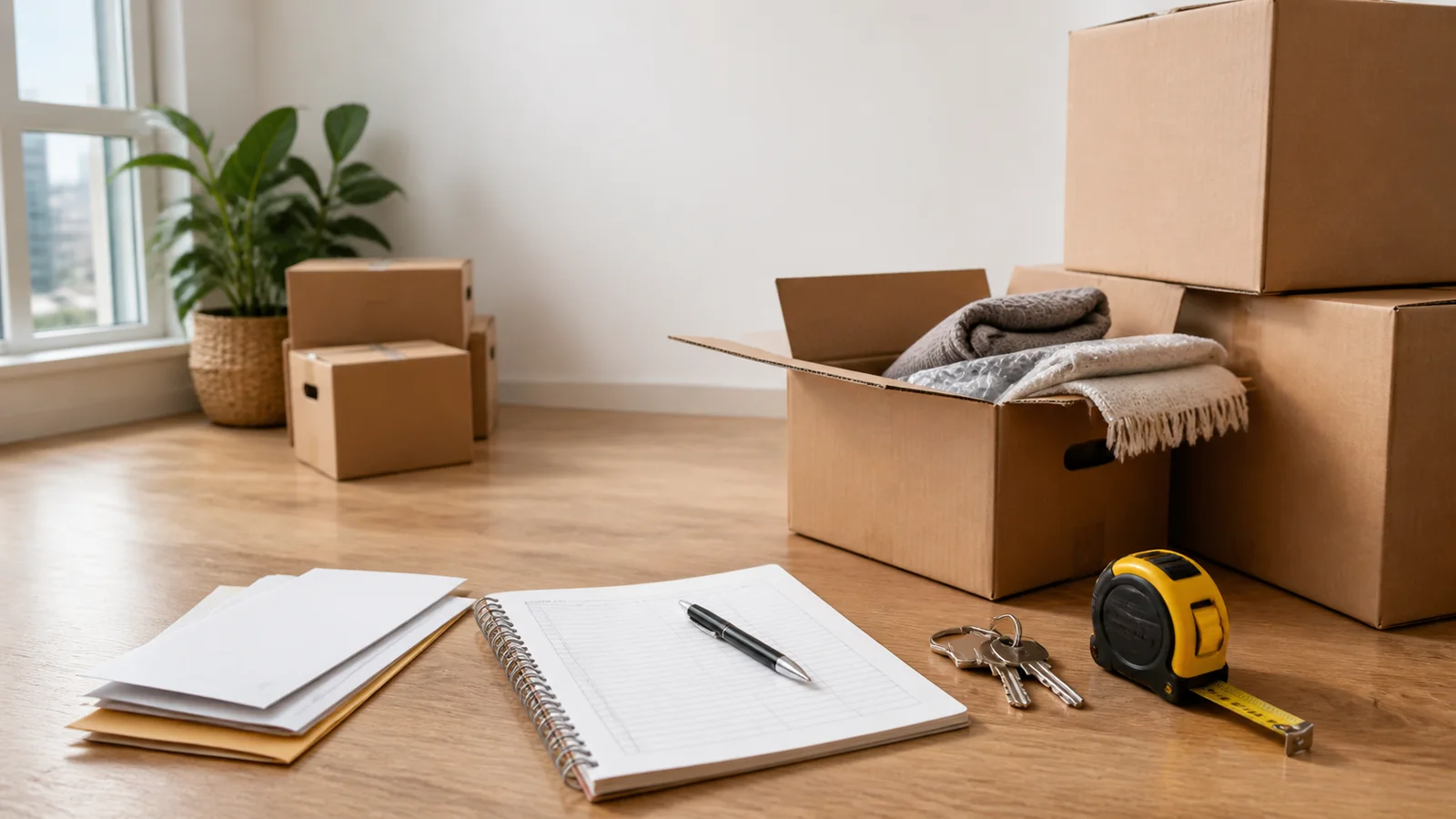 Moving boxes, keys, measuring tape, envelopes, and a blank budget notebook on an apartment floor