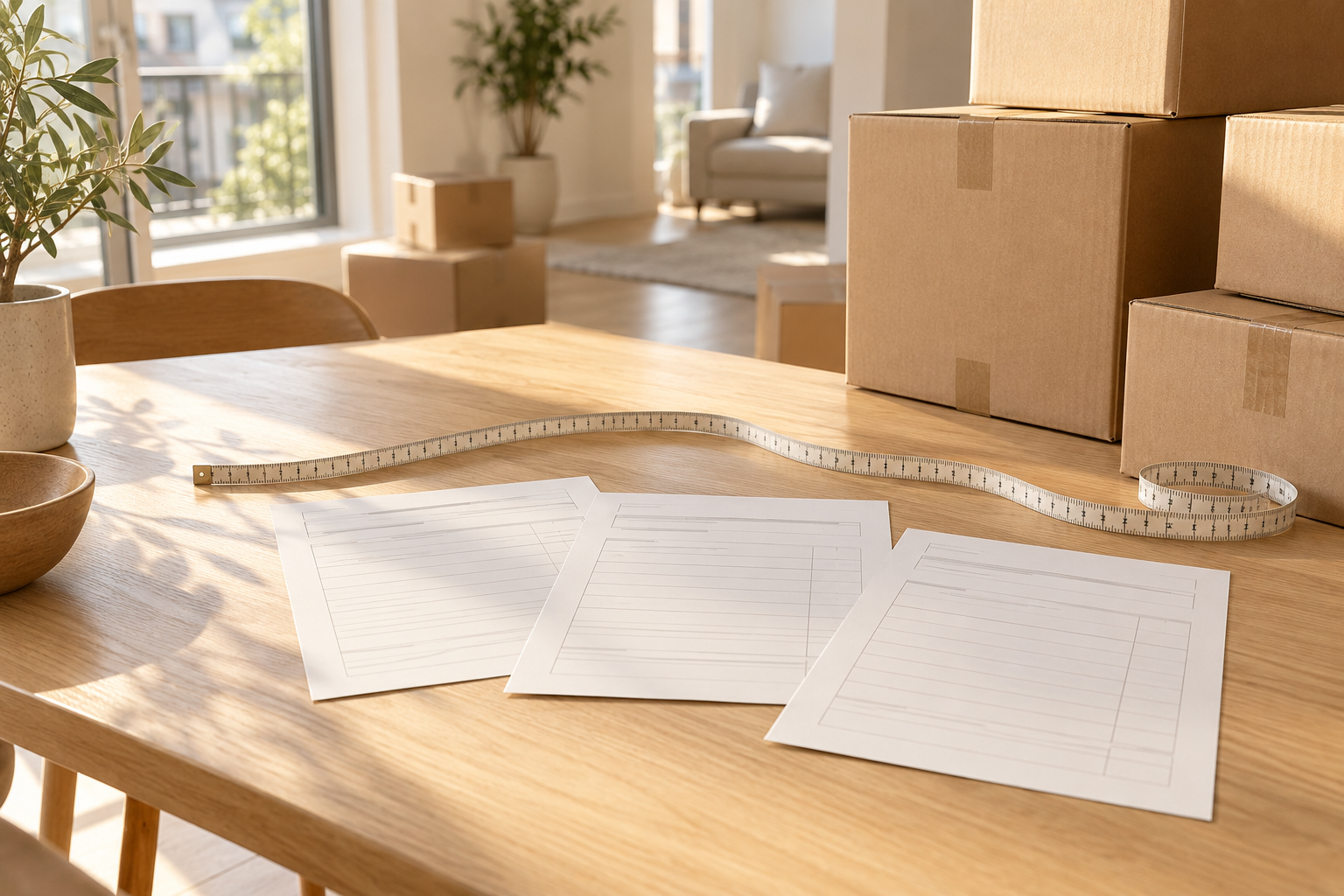 Three blank moving estimate sheets and a measuring tape on a sunlit table beside stacked cardboard boxes