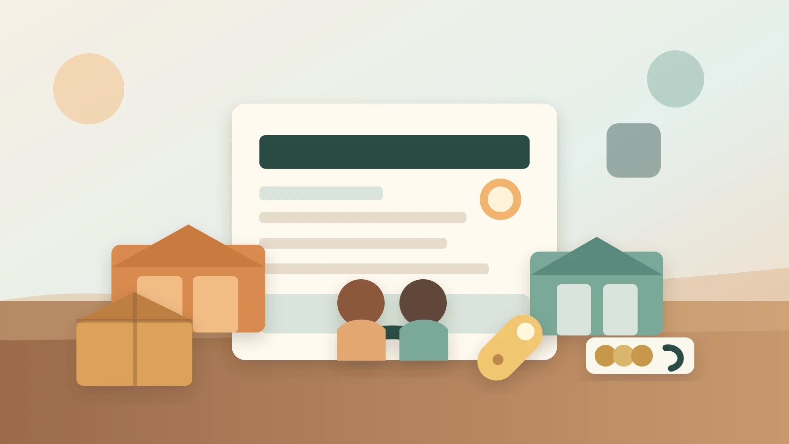 Couple reviewing a shared apartment budget with keys, moving boxes, a notebook, and coffee on a kitchen table