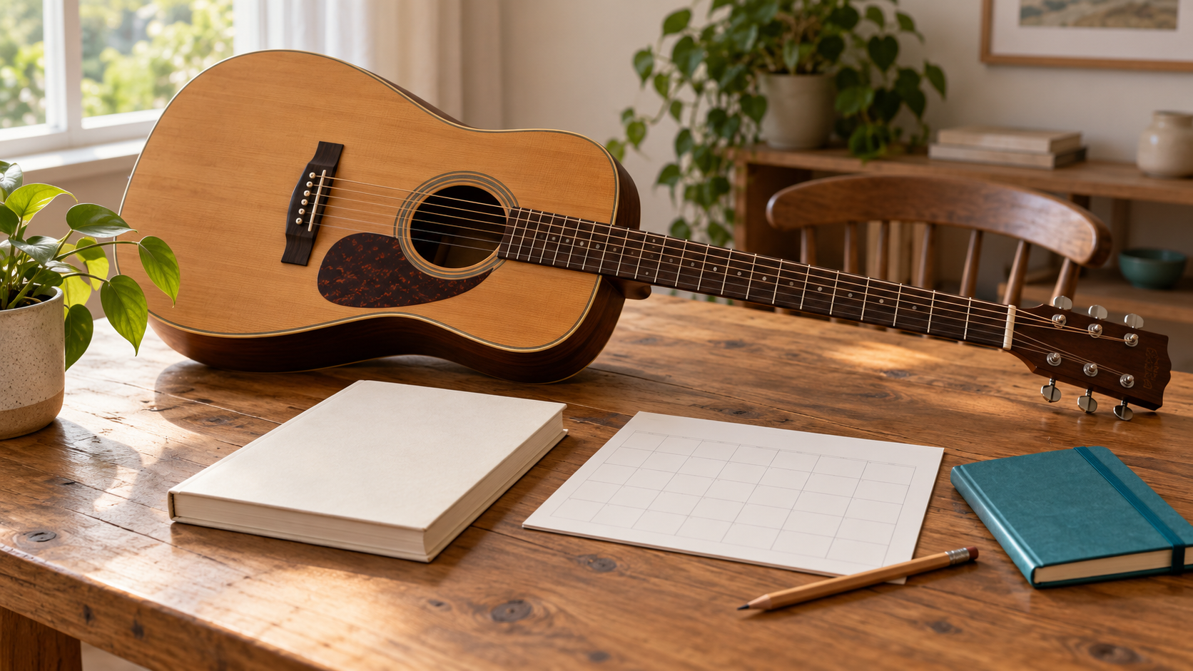 Acoustic guitar, closed beginner music book, blank calendar, pencil, and notebook on a wooden table in warm window light