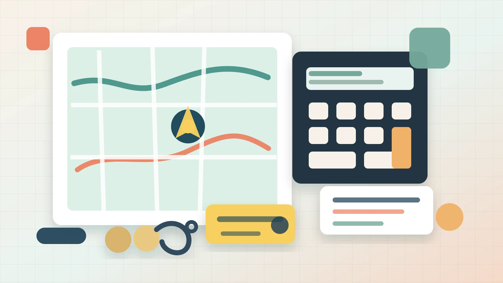 City map, apartment keys, transit card, calculator, grocery list, and budget notes arranged on a relocation planning desk