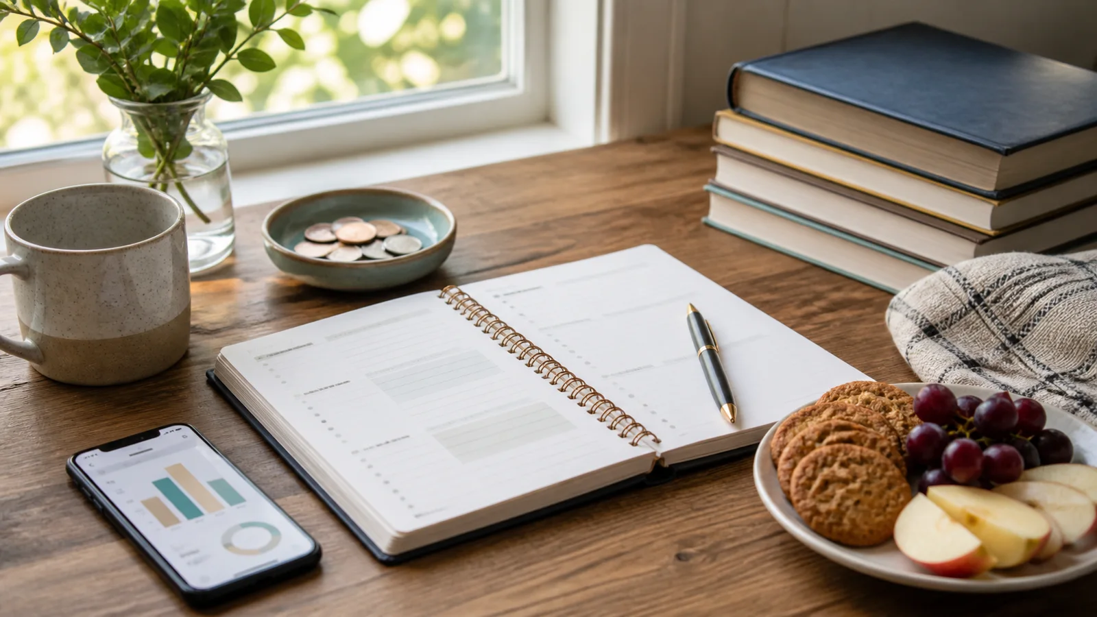 Notebook, phone spending tracker, coins, library books, mug, and homemade snacks on a bright kitchen table