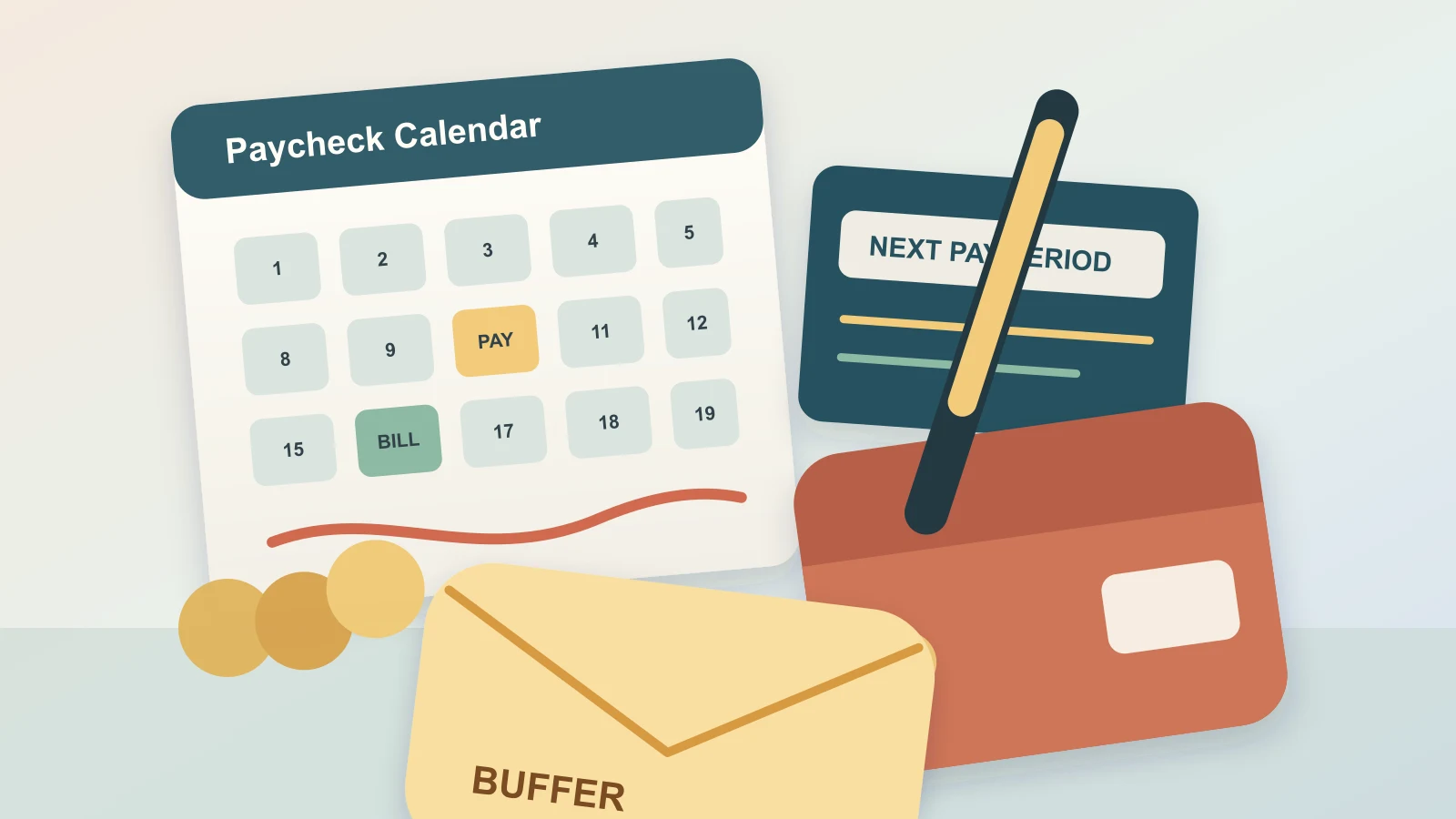 Desk with a paycheck calendar, savings envelope, wallet, and budget notes arranged for building a one paycheck buffer