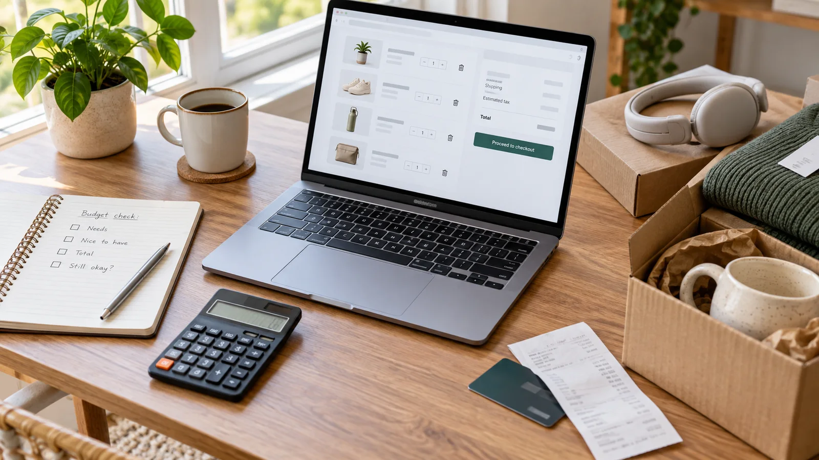 Laptop with an online shopping cart beside budget notes, a calculator, receipts, and unopened packages on a bright desk