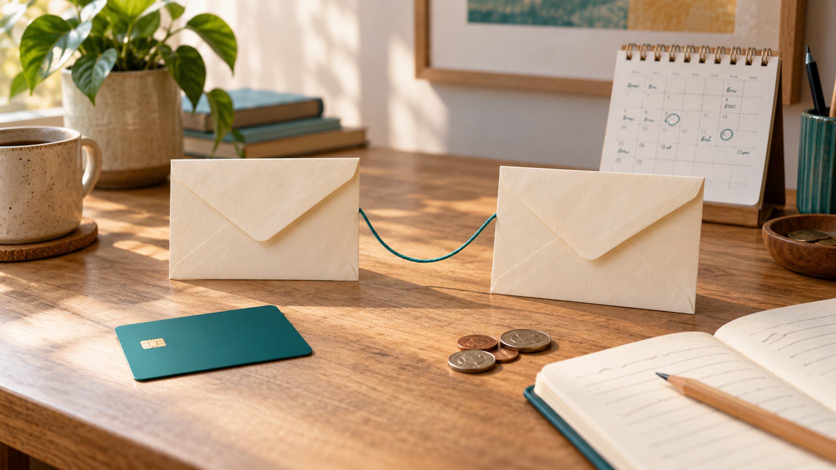 Teal debit card beside two connected plain envelopes, coins, a desk calendar, and an open notebook in warm sunlight
