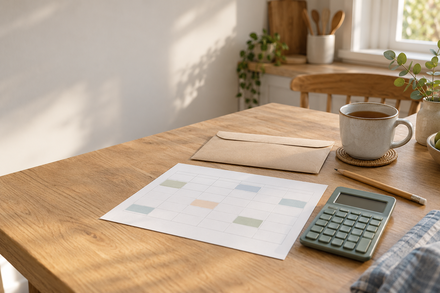 Blank shift calendar, calculator, pay envelope, pencil, and tea on a sunlit kitchen table