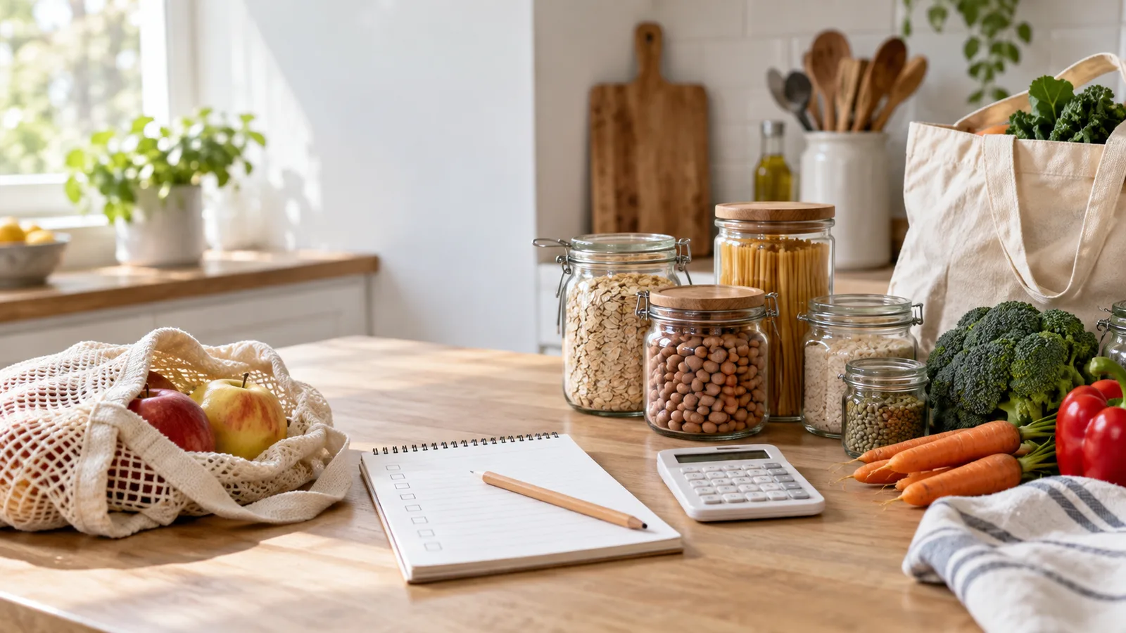 Kitchen counter with pantry staples, fresh vegetables, a grocery list, and a calculator for planning food spending