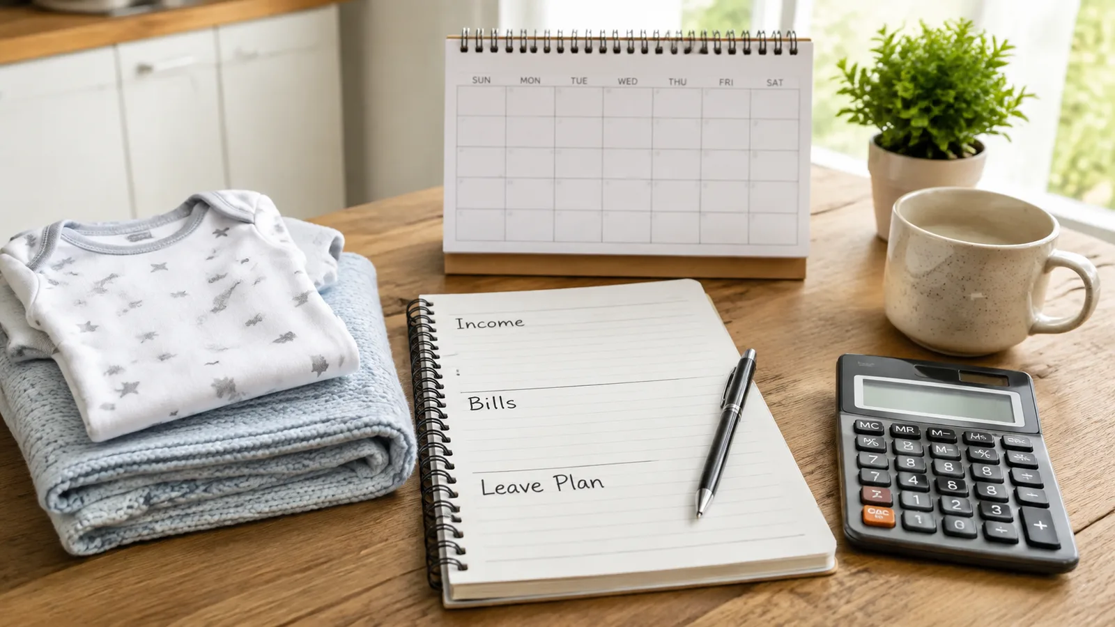 Notebook with income, bills, and leave plan headings beside a baby outfit, calendar, calculator, pen, mug, and plant on a kitchen table